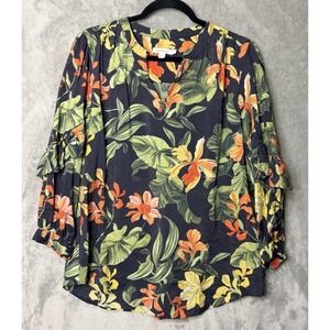 Chicos Tropical Floral Ruffle Sleeve Blouse Navy Blue Orange 0.5 US 6 Split Neck
